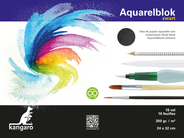 Aquarelpapier Kangaro blok 24x32cm 300 gram 16 vel zwart, 3 zijden verlijmd