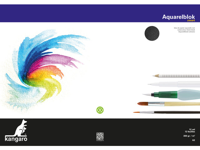 Aquarelpapier Kangaro blok A2 300 gram 12 vel zwart, 3 zijden verlijmd