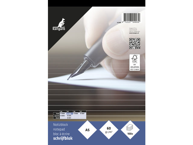 Schrijfblok Kangaro A5 lijn 60 gram 100 blad