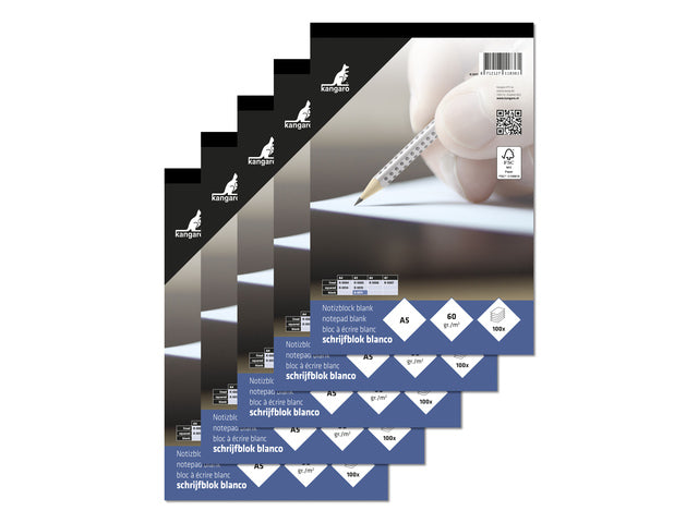 Schrijfblok Kangaro A5 blanco 60 gram 100 vel krimp a 5 stuks