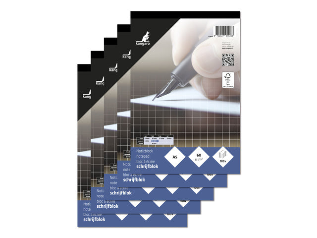 Schrijfblok Kangaro A5 ruit 5mm 60 gram 100 blad krimp a 5 stuks