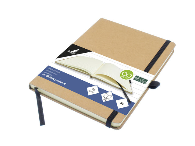 Notitieboek Kangaro A5 kraftlijn HC 96 vel 80 gram roomwit met elastiek, lint en penlus