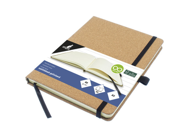 Notitieboek Kangaro A5 kurklijn HC 96 vel 80 gram roomwit met elastiek, lint en penlus