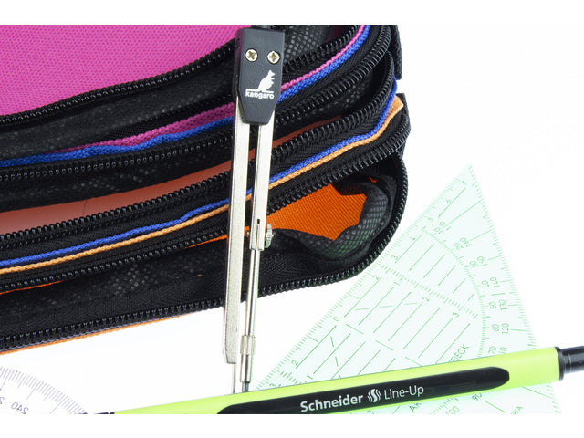 Etui Kangaro 3 vaks oranje/blauw/fuchsia ca 25x9x11cm