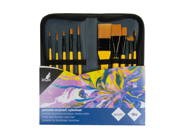 Penselen Kangaro acrylverfset van 10 stuks in etui