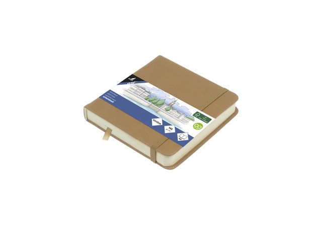 Schetsboek Kangaro 12x12cm taupe PU HC 80 vel 140gr roomwit met elastiek en lint