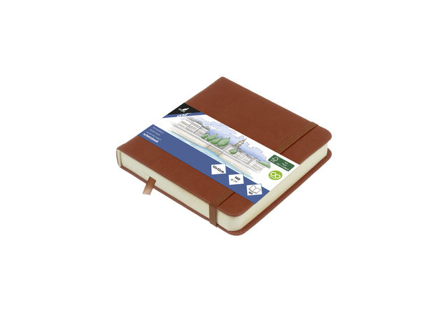 Schetsboek Kangaro 12x12cm cognac PU HC 80 vel 140gr roomwit met elastiek en lint
