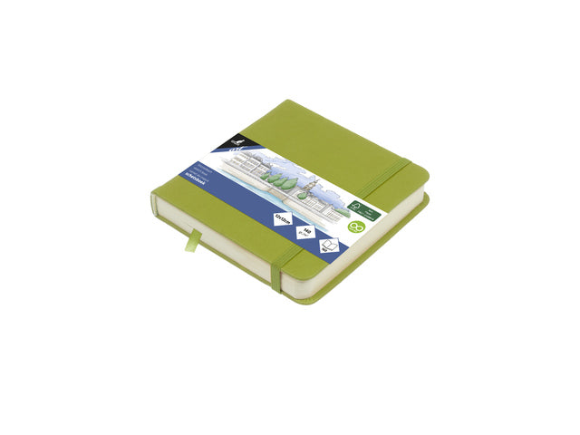 Schetsboek Kangaro 12x12cm limoengroen PU HC 80 vel 140gr roomwit met elastiek en lint