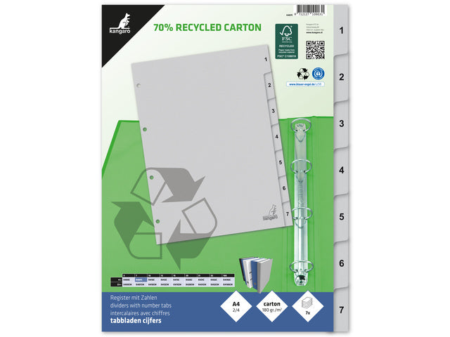 Tabblad ECO Kangaro A4 cijfers 180 gram grijs karton 4-gaats 7delig