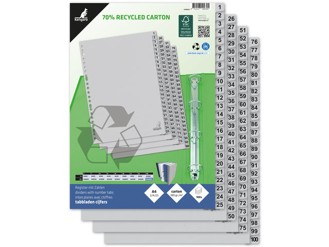 Tabblad ECO Kangaro A4 cijfers 180 gram grijs karton 23-gaats 100-delig