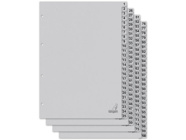 Tabblad ECO Kangaro A4 cijfers 180 gram grijs karton 4-gaats 100-delig