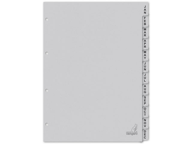 Tabblad ECO Kangaro A4 letters 180 gram grijs karton 4-gaats 12-delig jan-dec