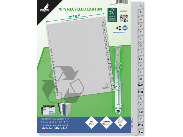 Tabblad ECO Kangaro A4 letters 180 gram grijs karton 23-gaats 20-delig Extra breed