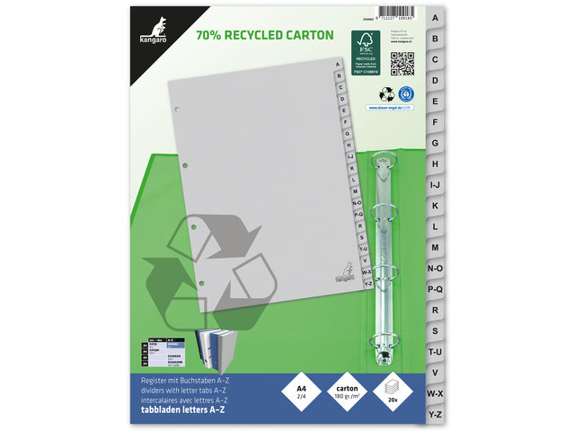 Tabblad ECO Kangaro A4 letters 180 gram grijs karton 23-gaats 20-delig