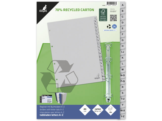 Tabblad ECO Kangaro A4 letters 180 gram grijs karton 4-gaats 20-delig