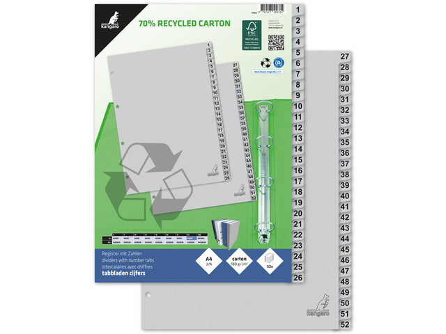 Tabblad ECO Kangaro A4 cijfers 180 gram grijs karton 4-gaats 52-delig