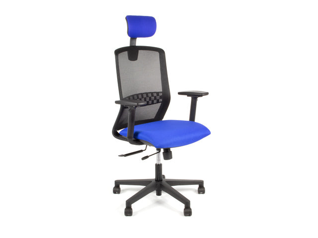 Bureaustoel Linea Tekna 01/PT zwart/blauw met 3D armleuning en hoofdsteun