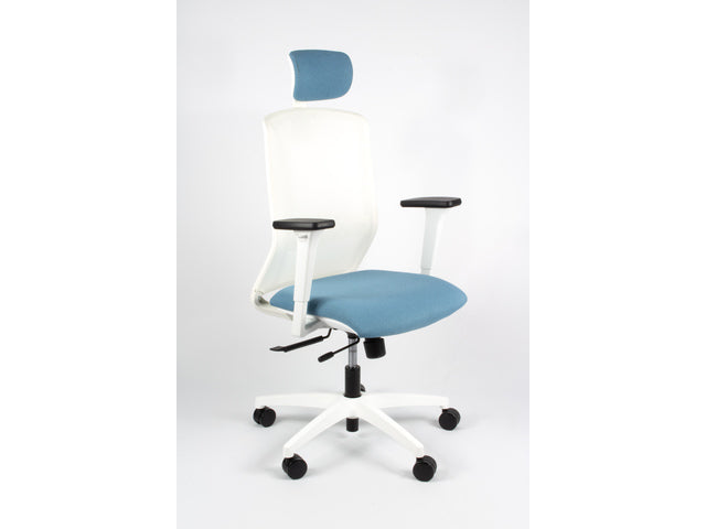 Bureaustoel Linea Tekna Wit 01/PT l.blauw/wit met 3D armleuning en hoofdsteun