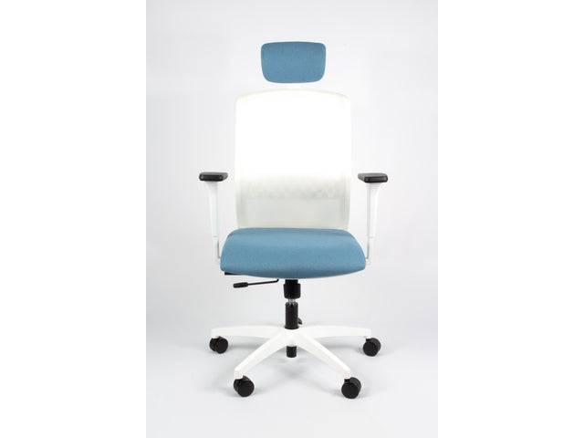Bureaustoel Linea Tekna Wit 01/PT l.blauw/wit met 3D armleuning en hoofdsteun