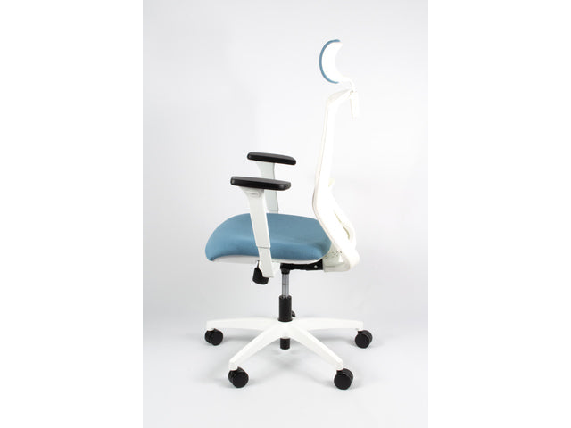 Bureaustoel Linea Tekna Wit 01/PT l.blauw/wit met 3D armleuning en hoofdsteun