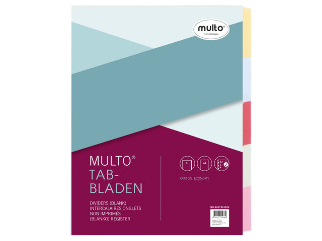 Tabblad Multo A4 23r blanco gerecycled karton 160 gram 5 delig assorti kleuren
