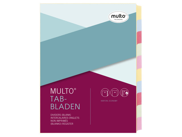 Tabblad Multo A4 23r blanco gerecycled karton 160 gram 10 delig assorti kleuren