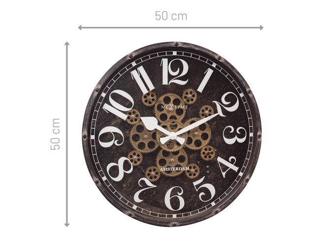 Zwarte Klok - Grote Wandklok - 50cm - Bewegende tandwielen - "Henry" - NeXtime