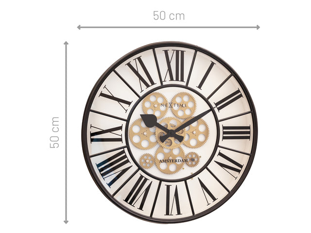 Witte Gear Klok - Grote Wandklok - 50cm - Bewegende Tandwielen - "William" - NeXtime