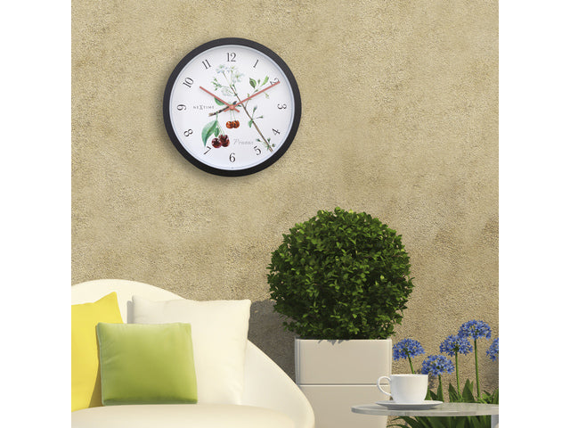 Buitenklok Nextime dia 30.5cm Prunus cijfers, zwarte rand witte wijzerplaat plastic