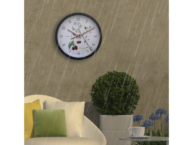 Buitenklok Nextime dia 30.5cm Prunus cijfers, zwarte rand witte wijzerplaat plastic