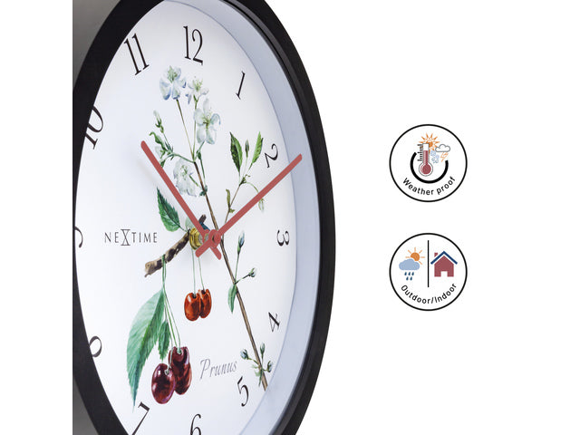 Buitenklok Nextime dia 30.5cm Prunus cijfers, zwarte rand witte wijzerplaat plastic