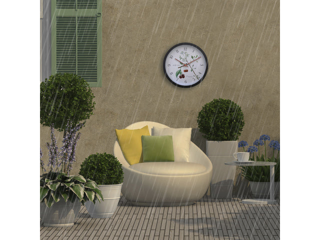 Buitenklok Nextime dia 30.5cm Prunus cijfers, zwarte rand witte wijzerplaat plastic
