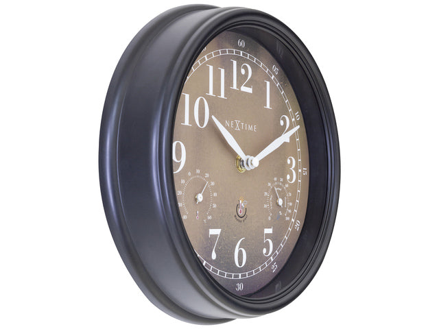 Buitenklok Nextime dia 23,5 cm Jasmine met thermo- en hydrometer cijfers, zwarte rand kopere wijzerplaat plastic