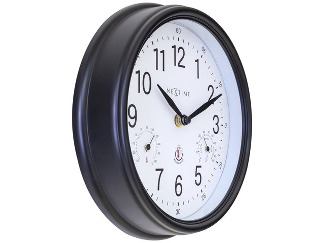 Buitenklok Nextime dia 23,5cm Jasmine met thermo- en hydrometer cijfers, zwarte rand witte wijzerplaat plastic