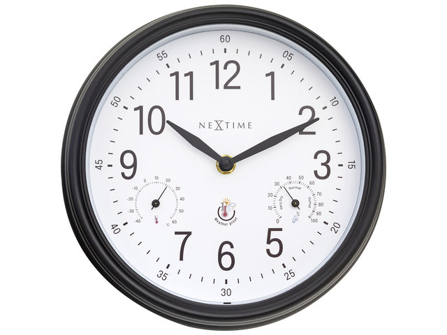 Buitenklok Nextime dia 23,5cm Jasmine met thermo- en hydrometer cijfers, zwarte rand witte wijzerplaat plastic