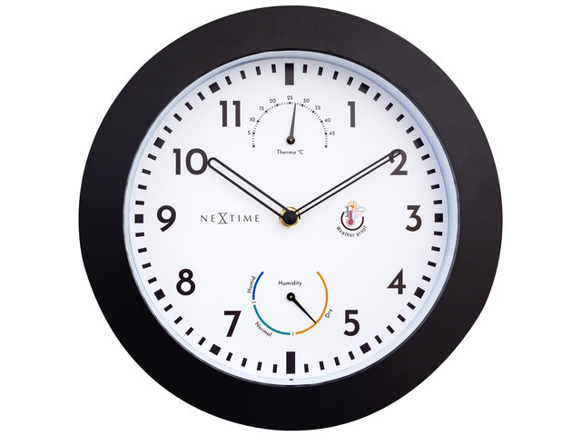 Buitenklok Nextime dia 25,5cm Daisy met thermo- en hydrometer cijfers, zwarte rand witte wijzerplaat plastic
