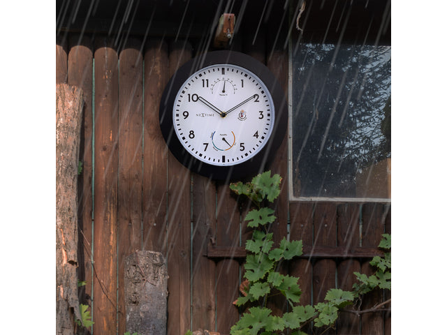 Buitenklok Nextime dia 25,5cm Daisy met thermo- en hydrometer cijfers, zwarte rand witte wijzerplaat plastic