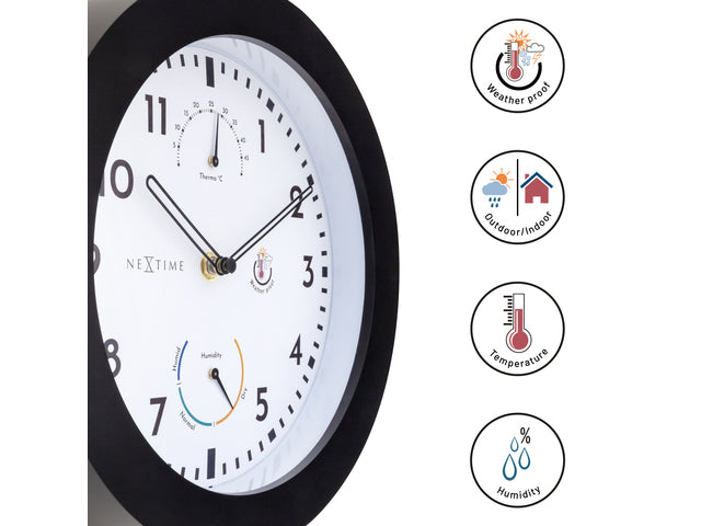 Buitenklok Nextime dia 25,5cm Daisy met thermo- en hydrometer cijfers, zwarte rand witte wijzerplaat plastic