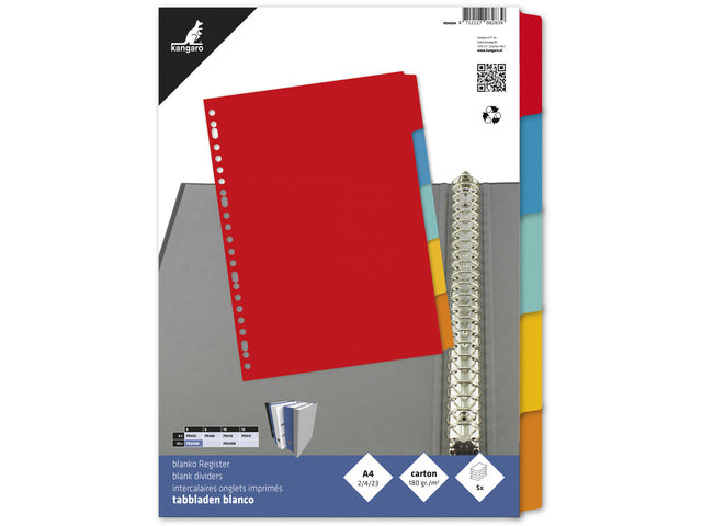 Tabblad Kangaro A4 blanco karton 180 gram assorti 23-gaats 5-delig