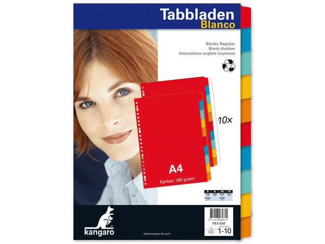 Tabblad Kangaro A4 blanco karton 180 gram assorti 23-gaats 10-delig