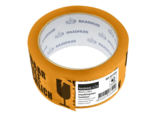 Paketklebeband für Raadhuis, 48 ​​mm x 66 m, orangefarben, breekbaar