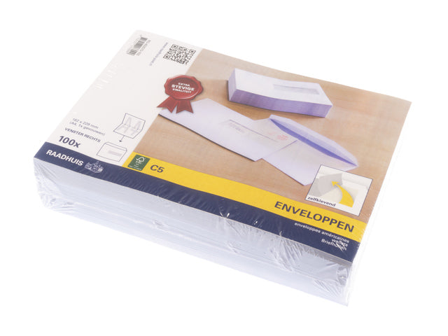 Dienstenvelop met venster Raadhuis 162x229mm C5 met plakstrip wit 100 stuks