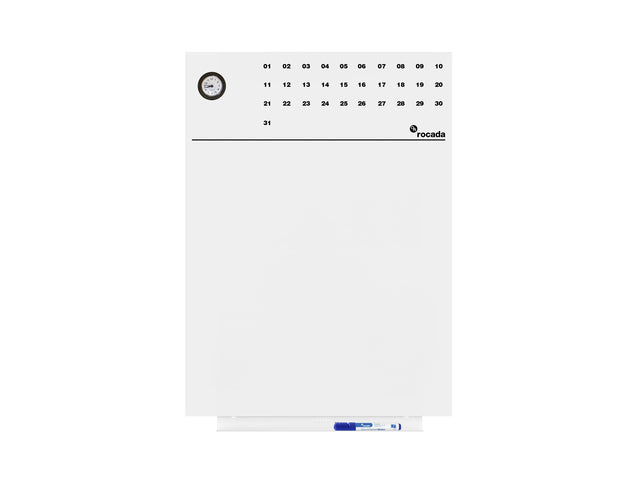 Whiteboard Rocada Skinclock 55x75cm wit gelakt met klok en kalender inclusief pennegoot