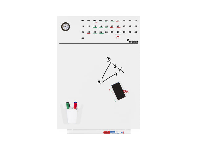 Whiteboard Rocada Skinclock 55x75cm wit gelakt met klok en kalender inclusief pennegoot