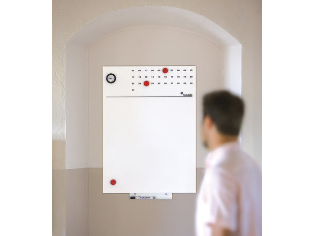 Whiteboard Rocada Skinclock 55x75cm wit gelakt met klok en kalender inclusief pennegoot
