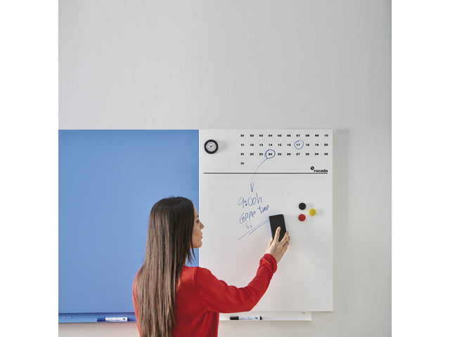 Whiteboard Rocada Skinclock 55x75cm wit gelakt met klok en kalender inclusief pennegoot