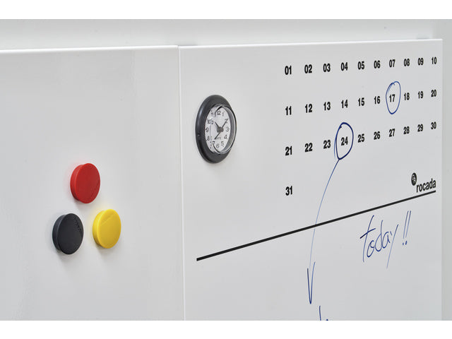 Whiteboard Rocada Skinclock 55x75cm wit gelakt met klok en kalender inclusief pennegoot