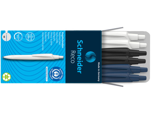 Balpen Schneider Reco assorti kleuren: zwart, donkerblauw en wit 6 stuks