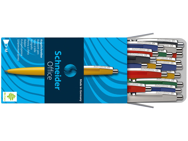 Balpen Schneider Office assorti kleuren, blauw geschreven