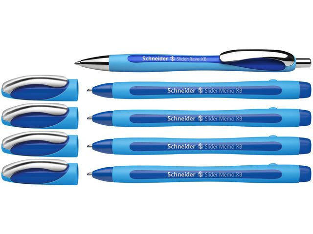 Balpen Schneider Memo XB blauw 4e. + 1x Gratis Slider Rave blauw in etui
